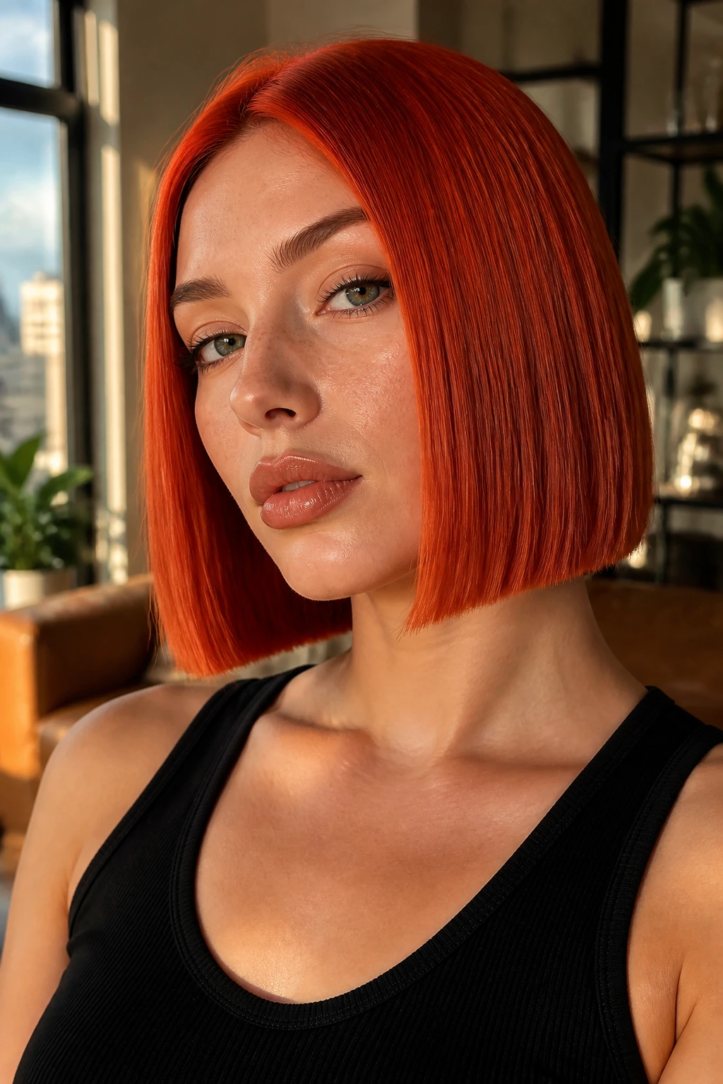 Close-up of a real woman with a sharp blunt cut in blood-orange shade