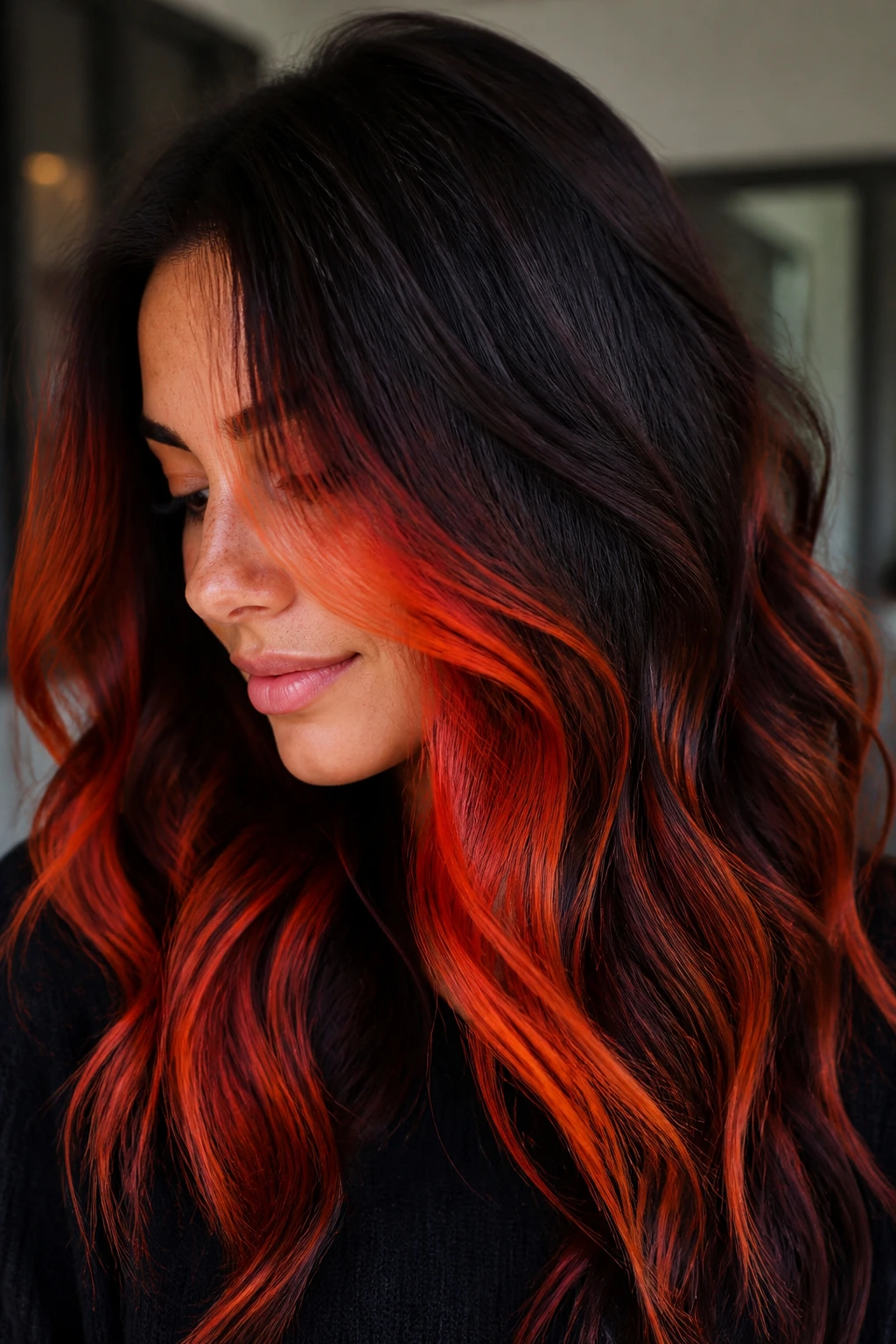 Close-up of brunette hair with blood orange highlights around the face