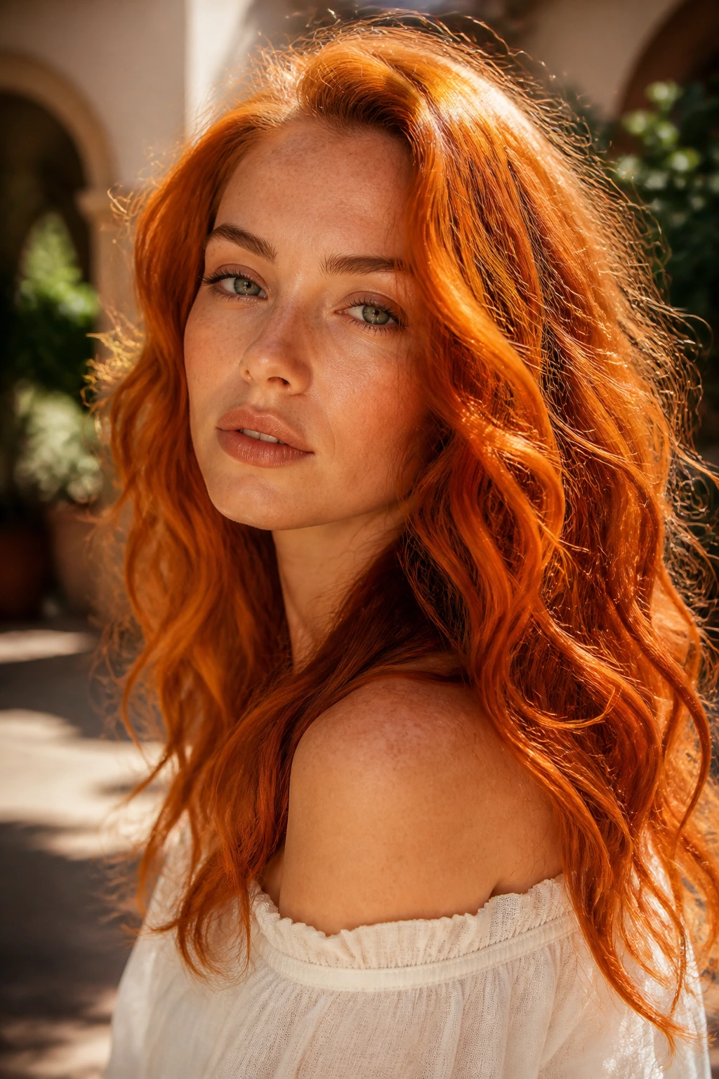Close-up of a real woman's hair in blood orange copper shade catching sunlight outdoors