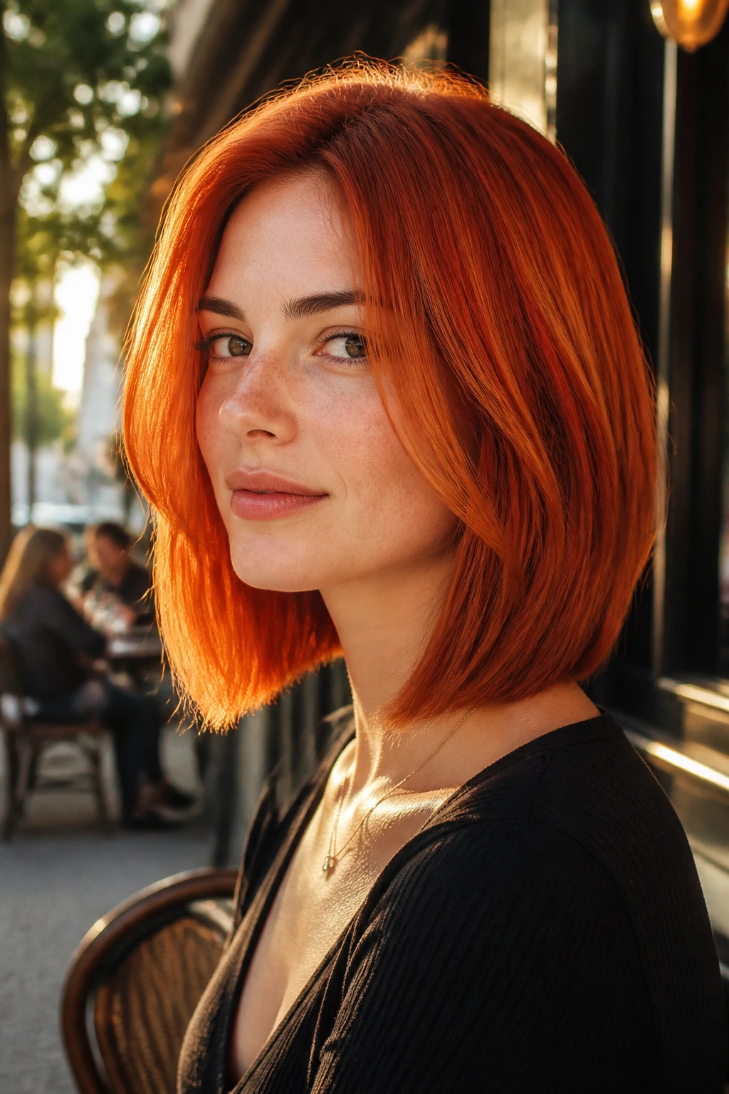 Close-up of a real woman with blood orange copper lob in golden hour light