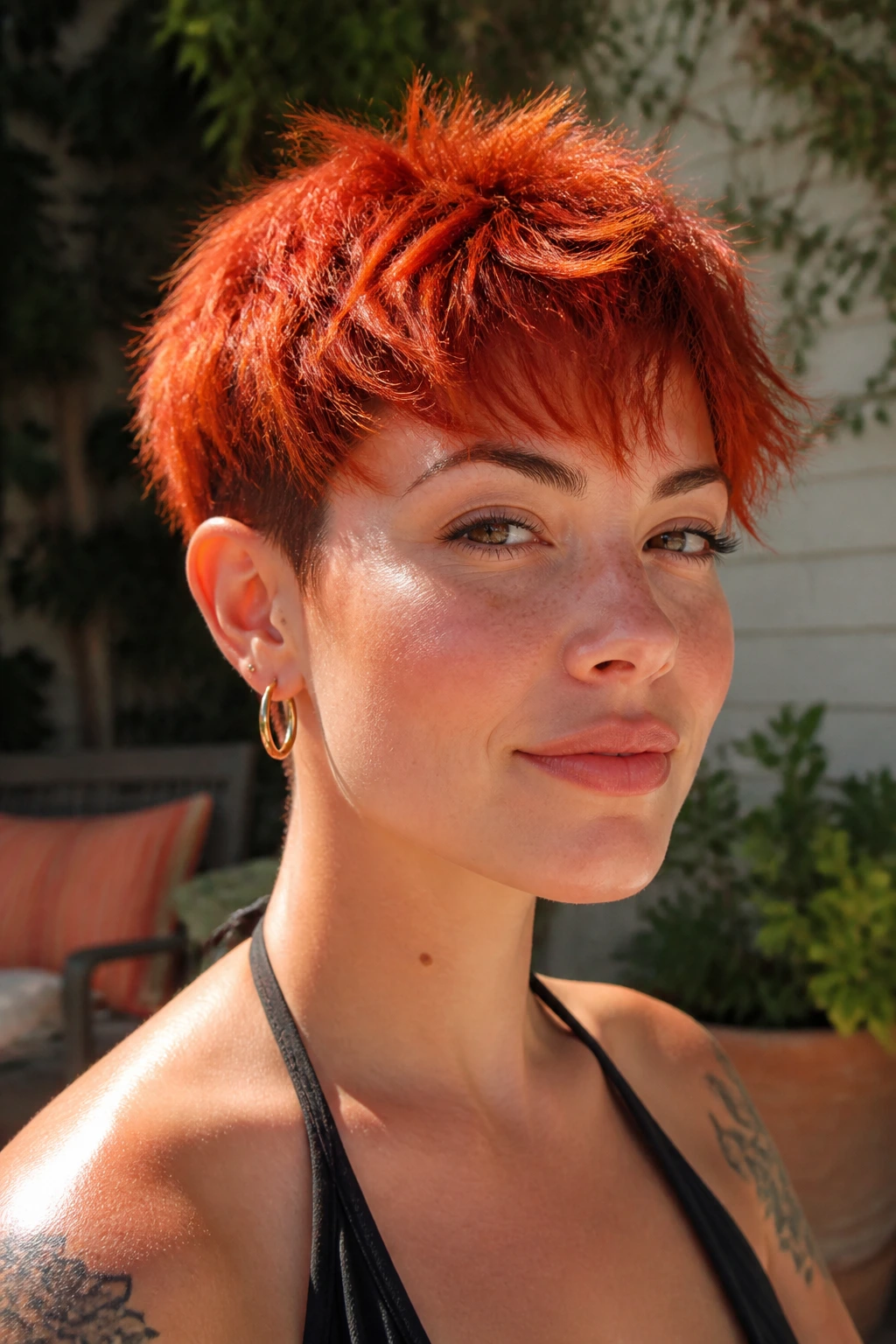 Portrait of a real person with blood orange textured crop in a sunny outdoor setting