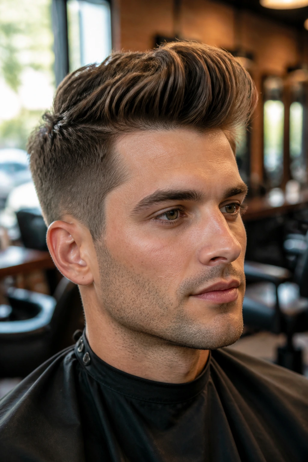 Close-up portrait of a man with a voluminous blow-dried quiff in barber shop setting