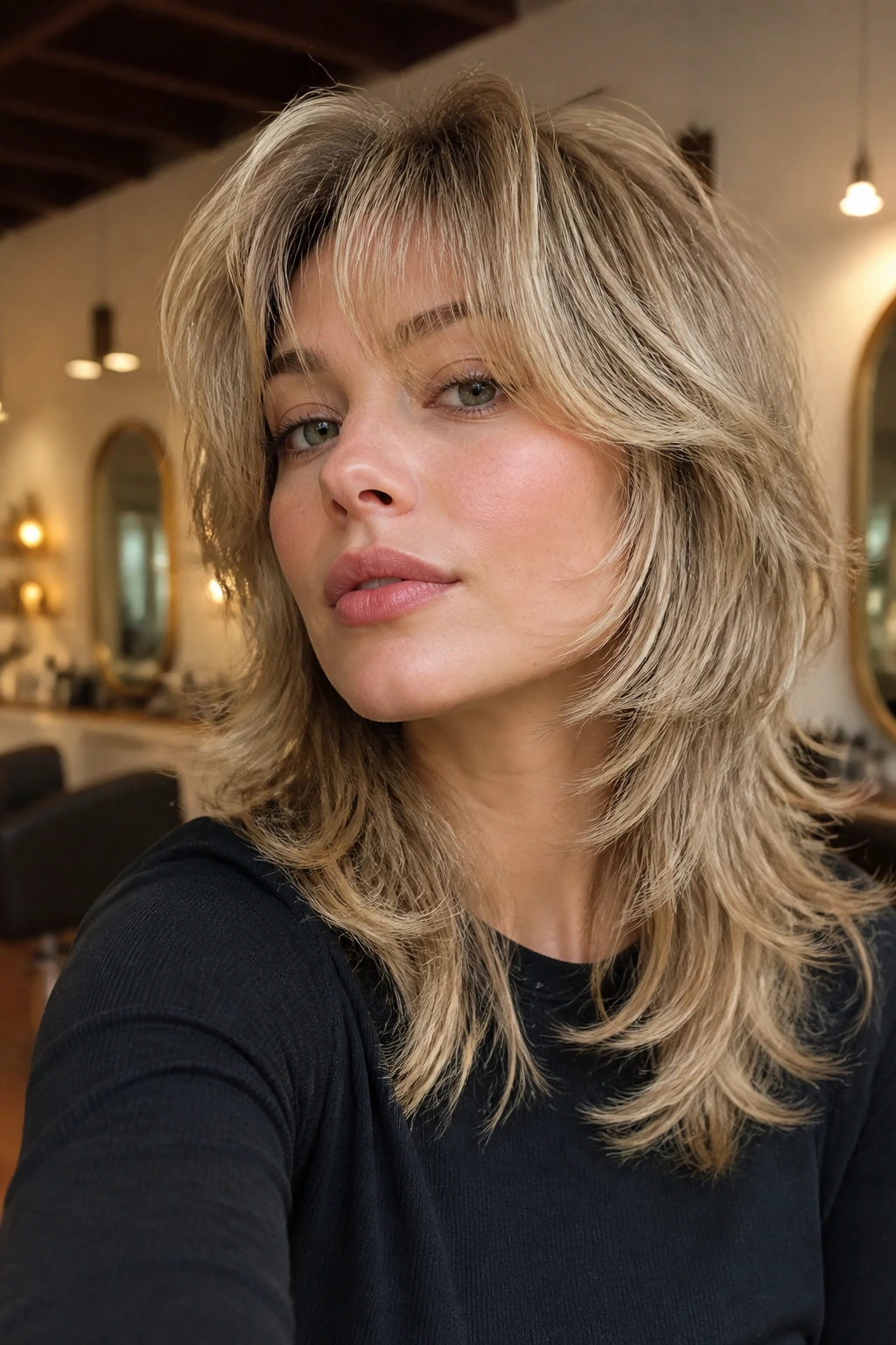 Close-up portrait of a real person with blow-dried volume wolf cut in a warm salon lighting.