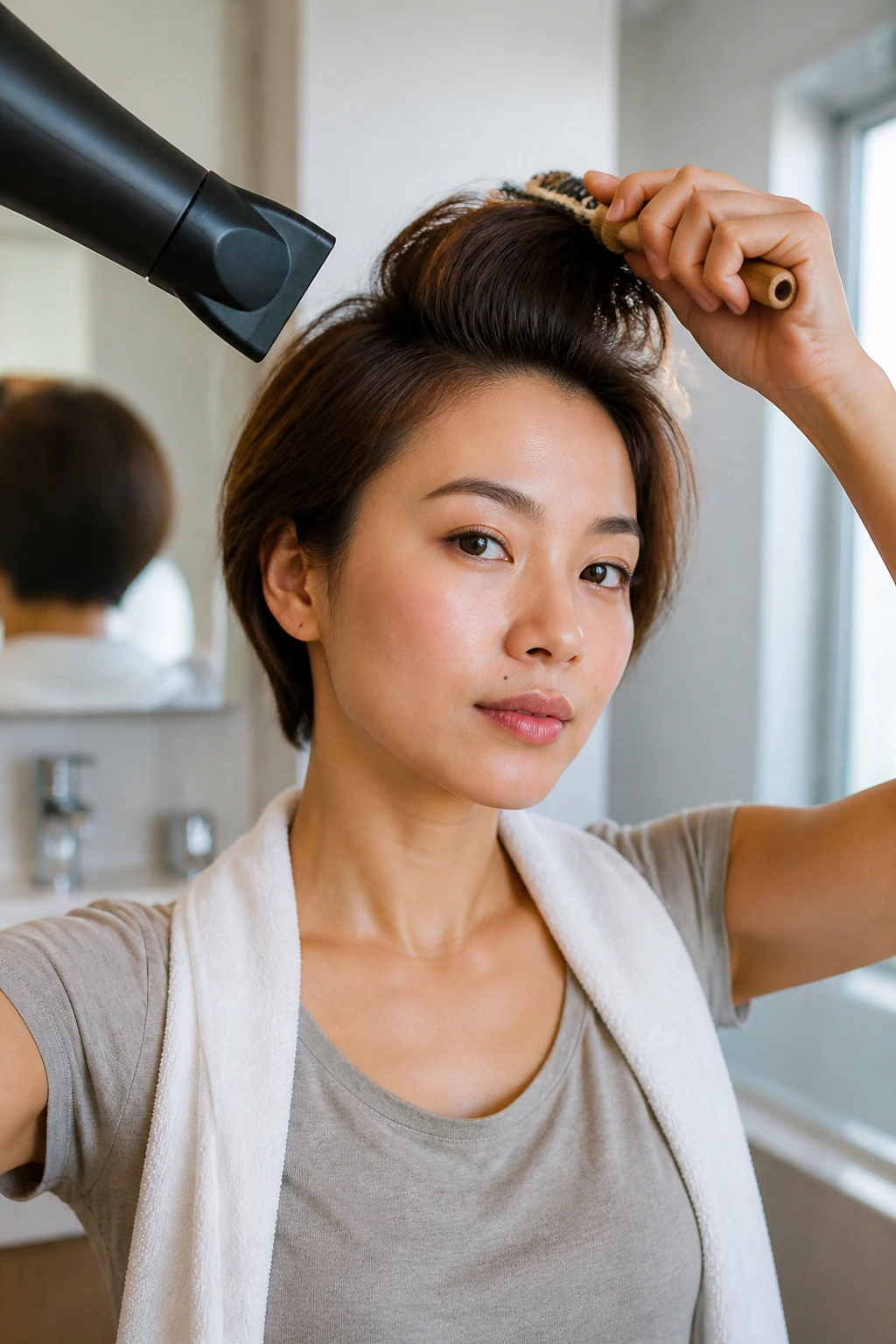 Close-up of an Asian woman with front quiff styled via blow-dry routine