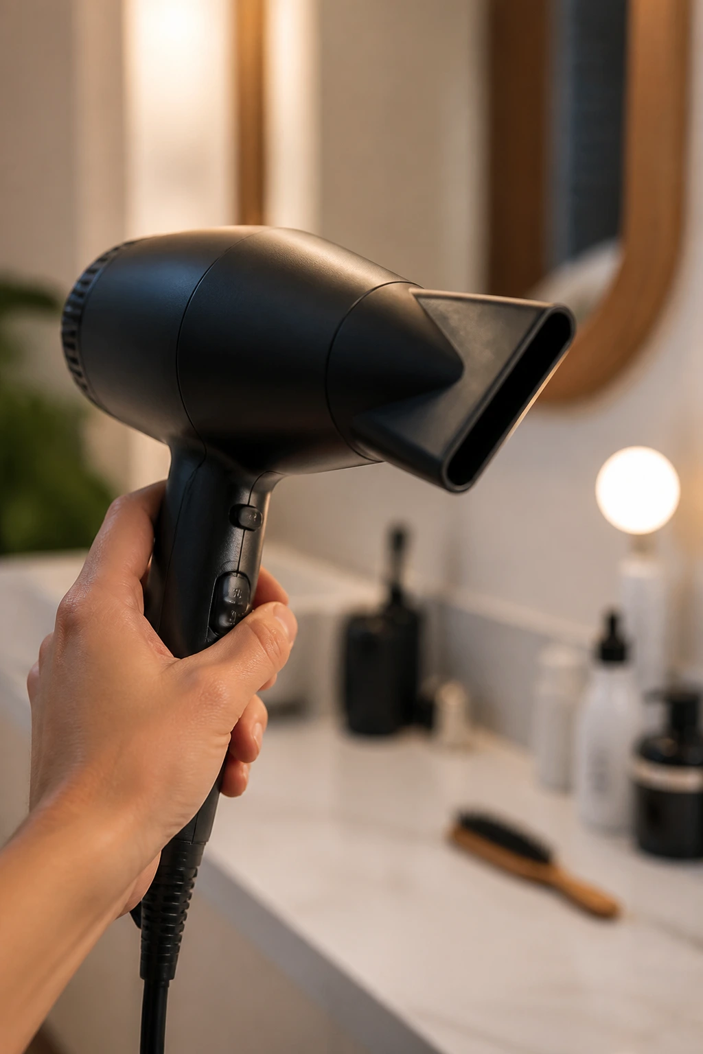 Close-up of a blow dryer with concentrator nozzle for bangs styling