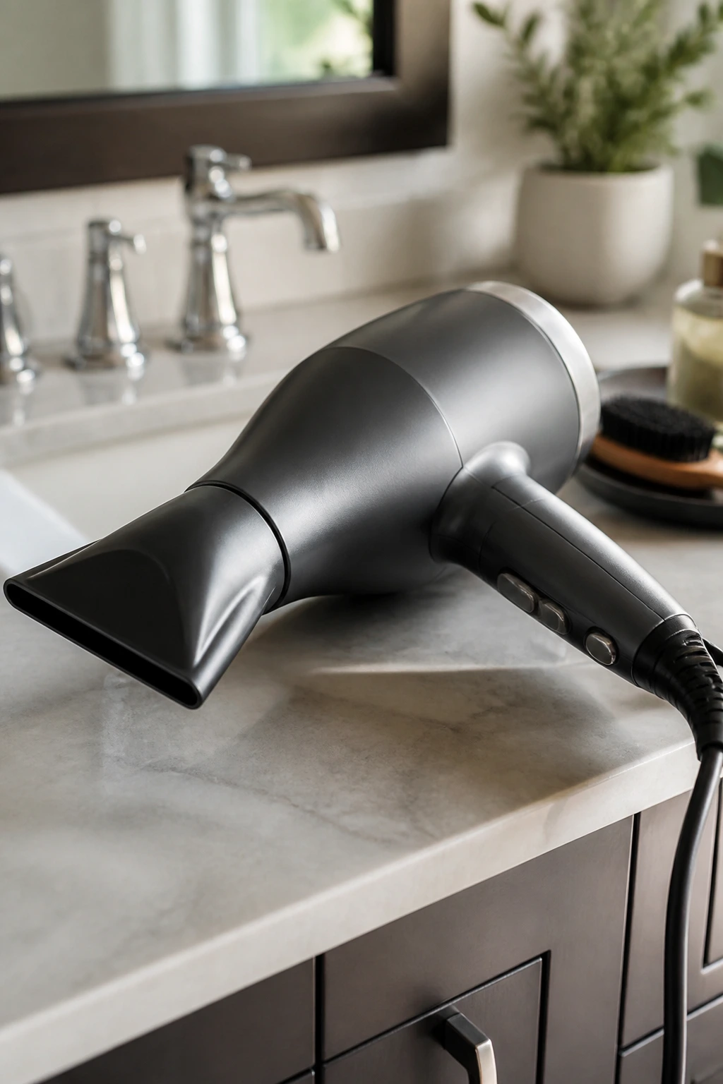 Close-up of a blow dryer with concentrator nozzle on a bathroom counter