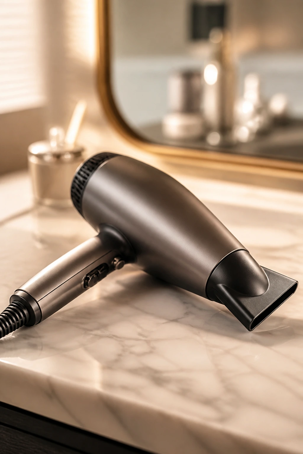 Close-up of a blow dryer with concentrator nozzle on a bathroom counter