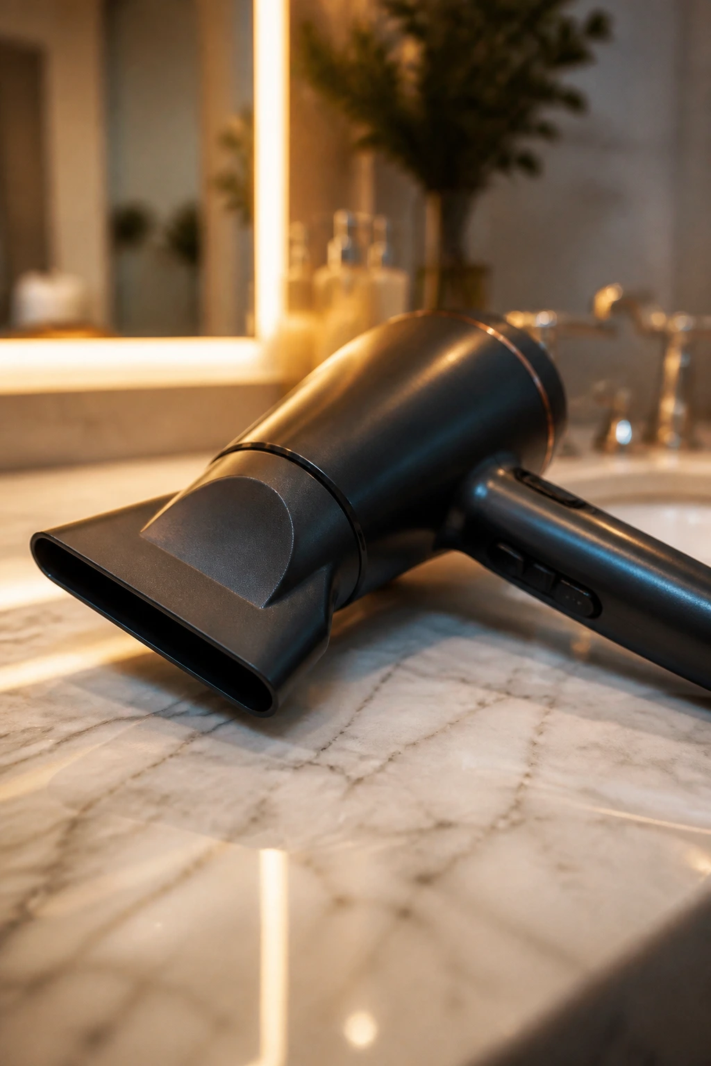 Close-up of a blow dryer with concentrator nozzle for bangs