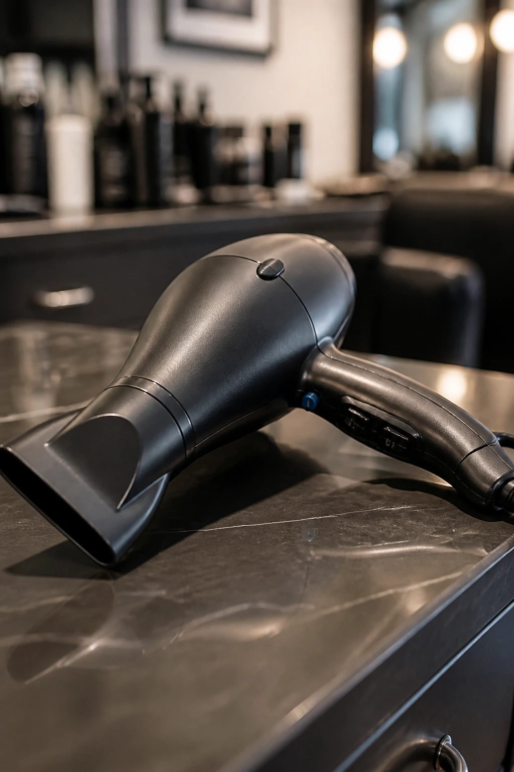 Close-up of a blow dryer with concentrator nozzle on a salon counter.
