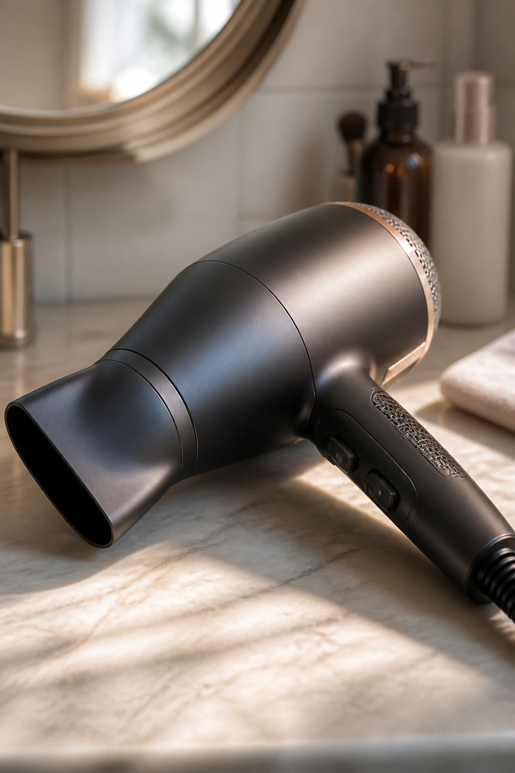 Close-up of a blow dryer used for shaping shaggy bobs