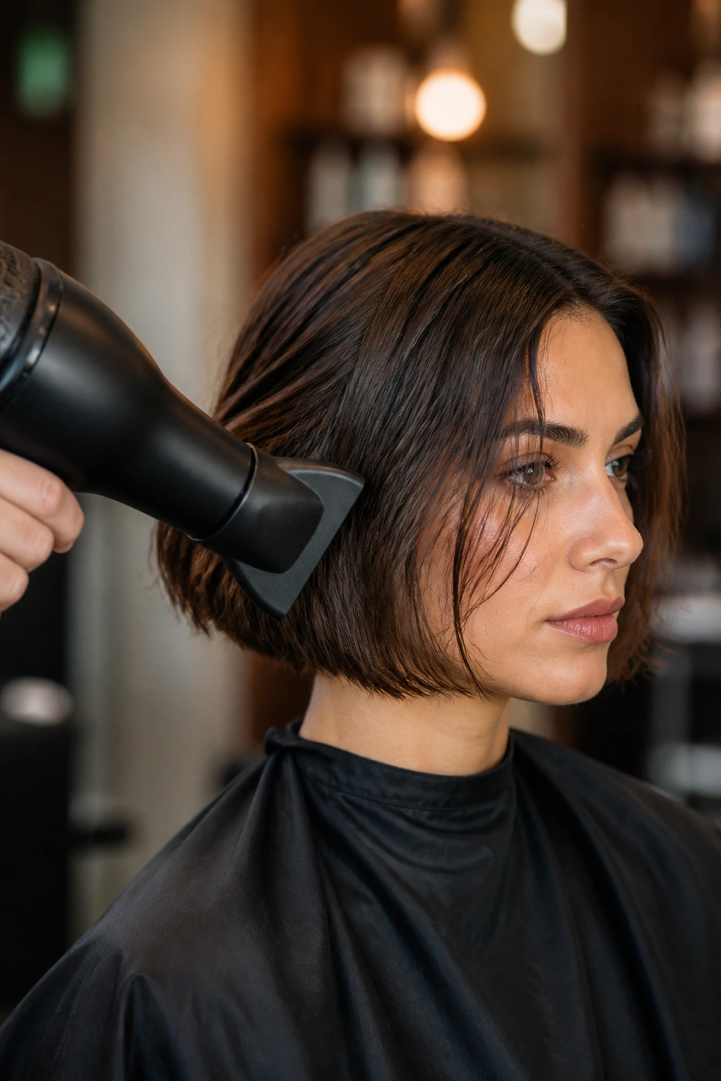 Close-up of blow dryer with concentrator nozzle directing air onto a model's bob in a salon