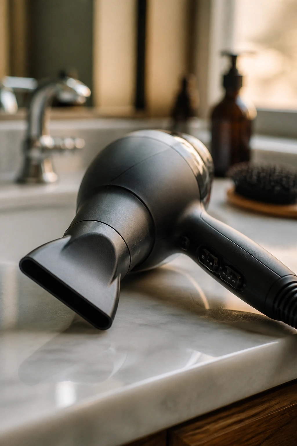 Close-up of a blow dryer with concentrator nozzle on a bathroom counter ready for curtain bangs