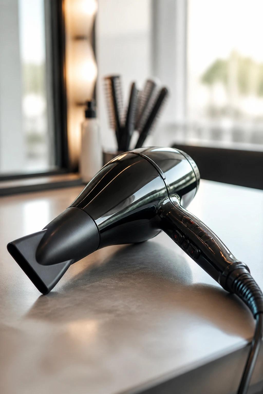 Close-up of a blow dryer with concentrator nozzle among styling tools.