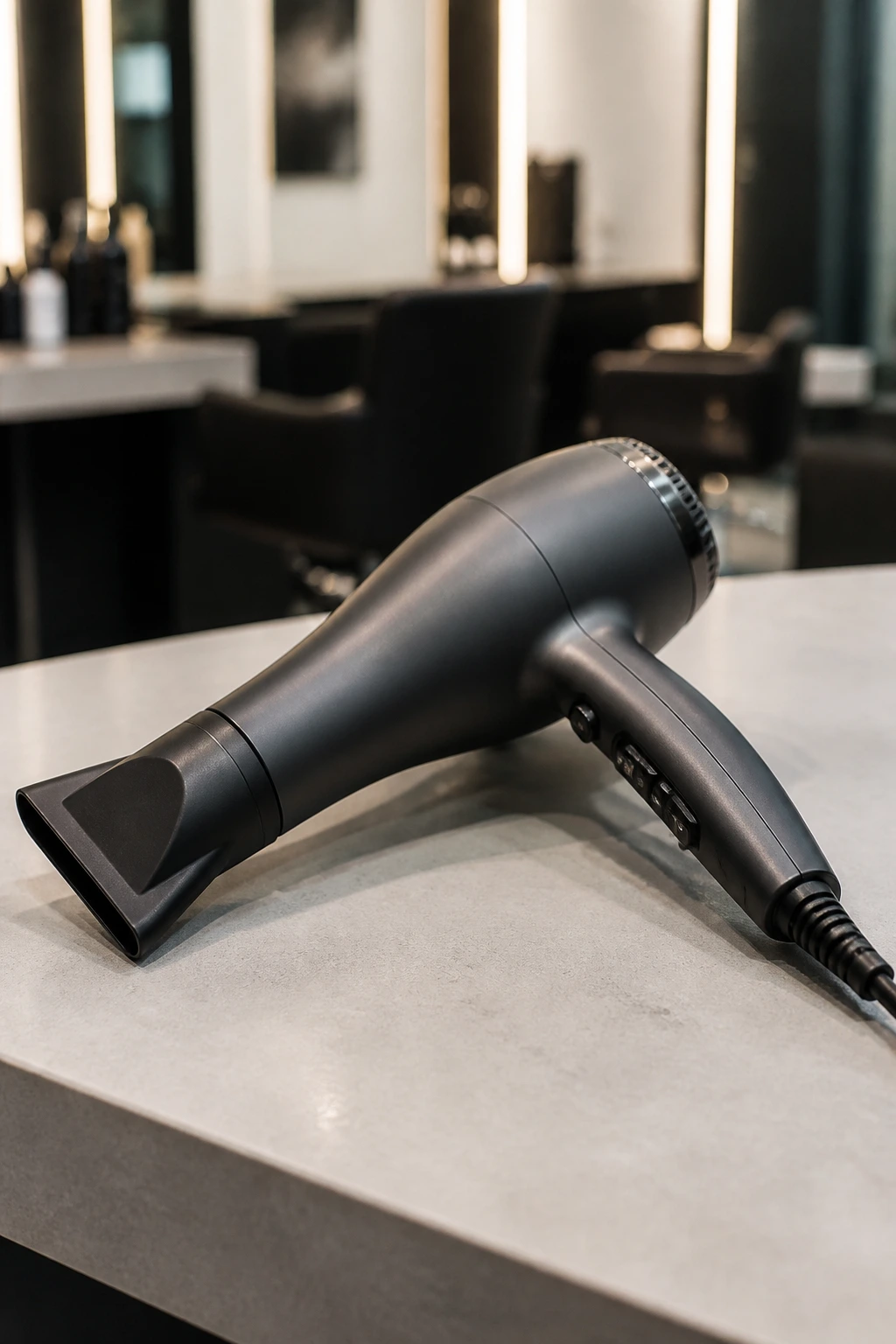 Close-up of a professional blow dryer on a counter in a modern salon.