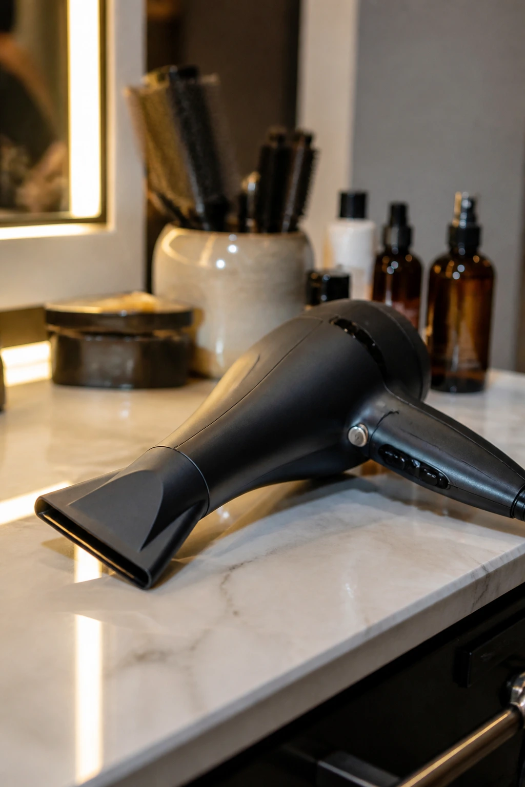 Close-up of a blow dryer with concentrator nozzle on a clean salon surface
