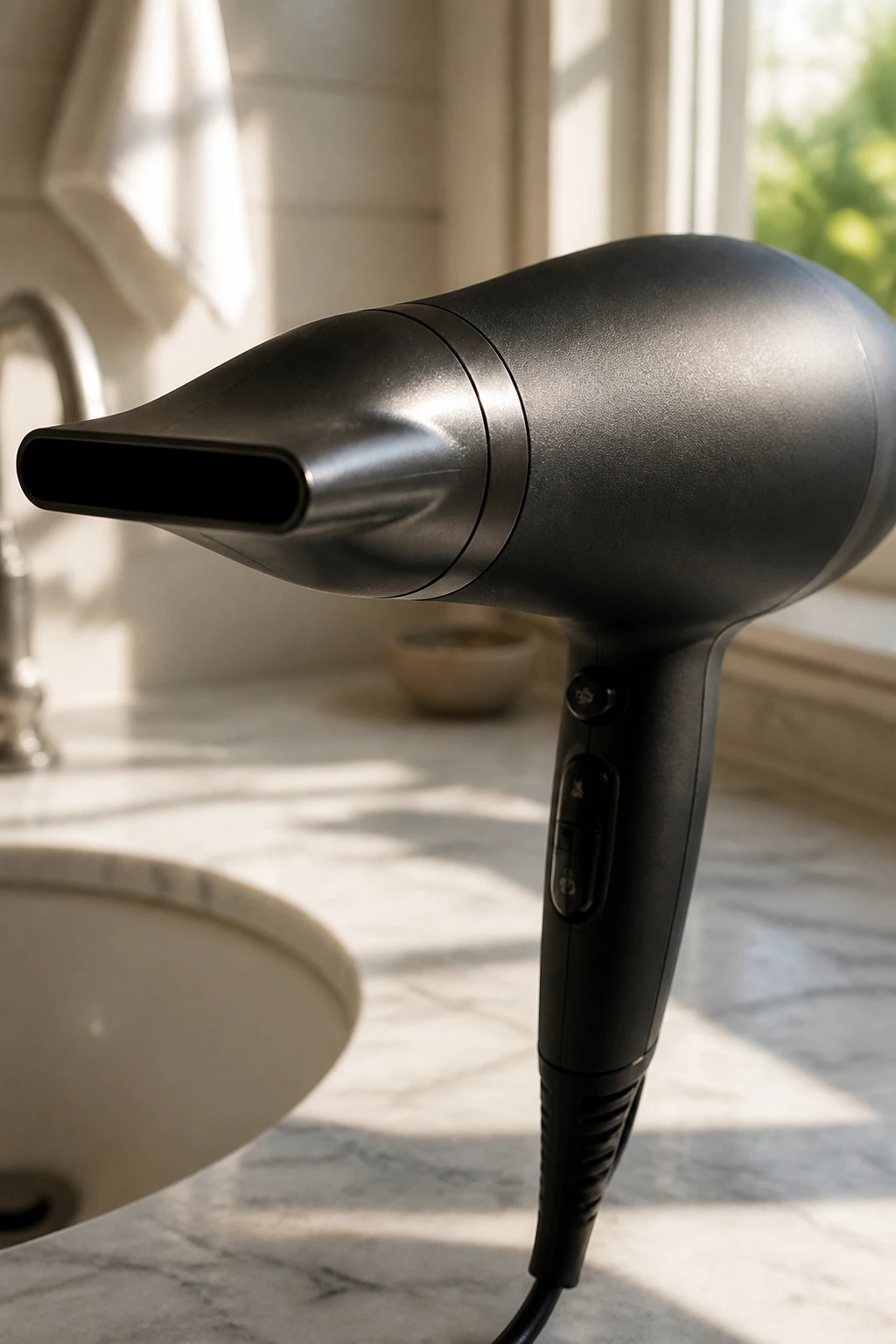 Close-up of a blow dryer with a narrow nozzle in a bathroom, hero tool for short spiky looks.
