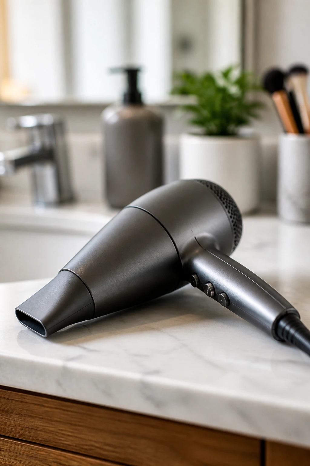 Close-up of a narrow-nozzle blow dryer on a bathroom counter.