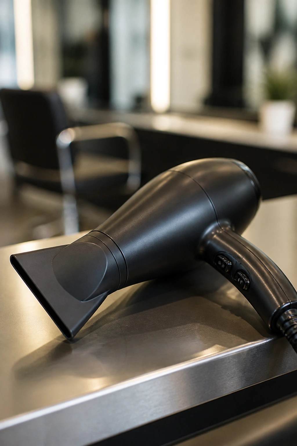 Close-up of a blow-dryer with nozzle on a salon station