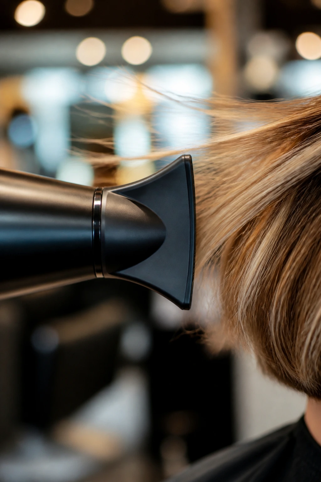 Extreme close-up of a blow dryer nozzle styling short bob hair in a salon
