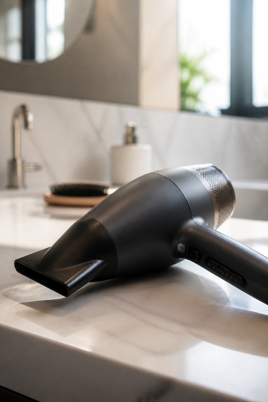 Close-up of a blow dryer nozzle tool used for short blonde hair on a counter