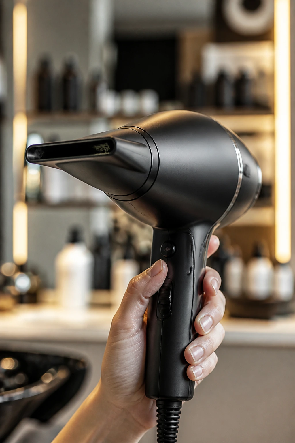 Close-up of a blow-dryer with nozzle in a salon setting