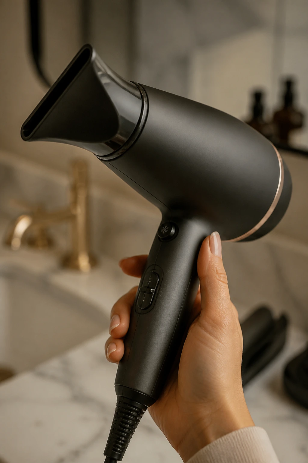 Close-up of a blow dryer with nozzle in hand in a bathroom