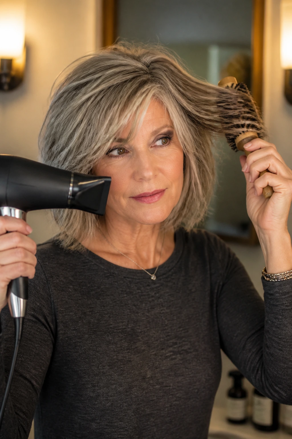 Portrait of a woman styling shag at home with dryer nozzle and round brush