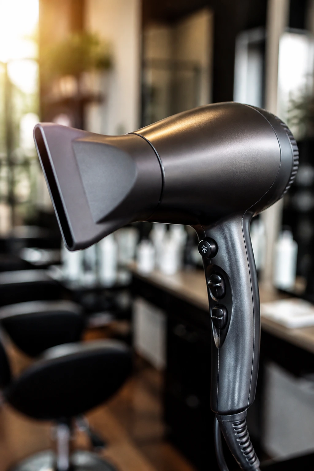 Close-up of a professional blow dryer with nozzle in a salon