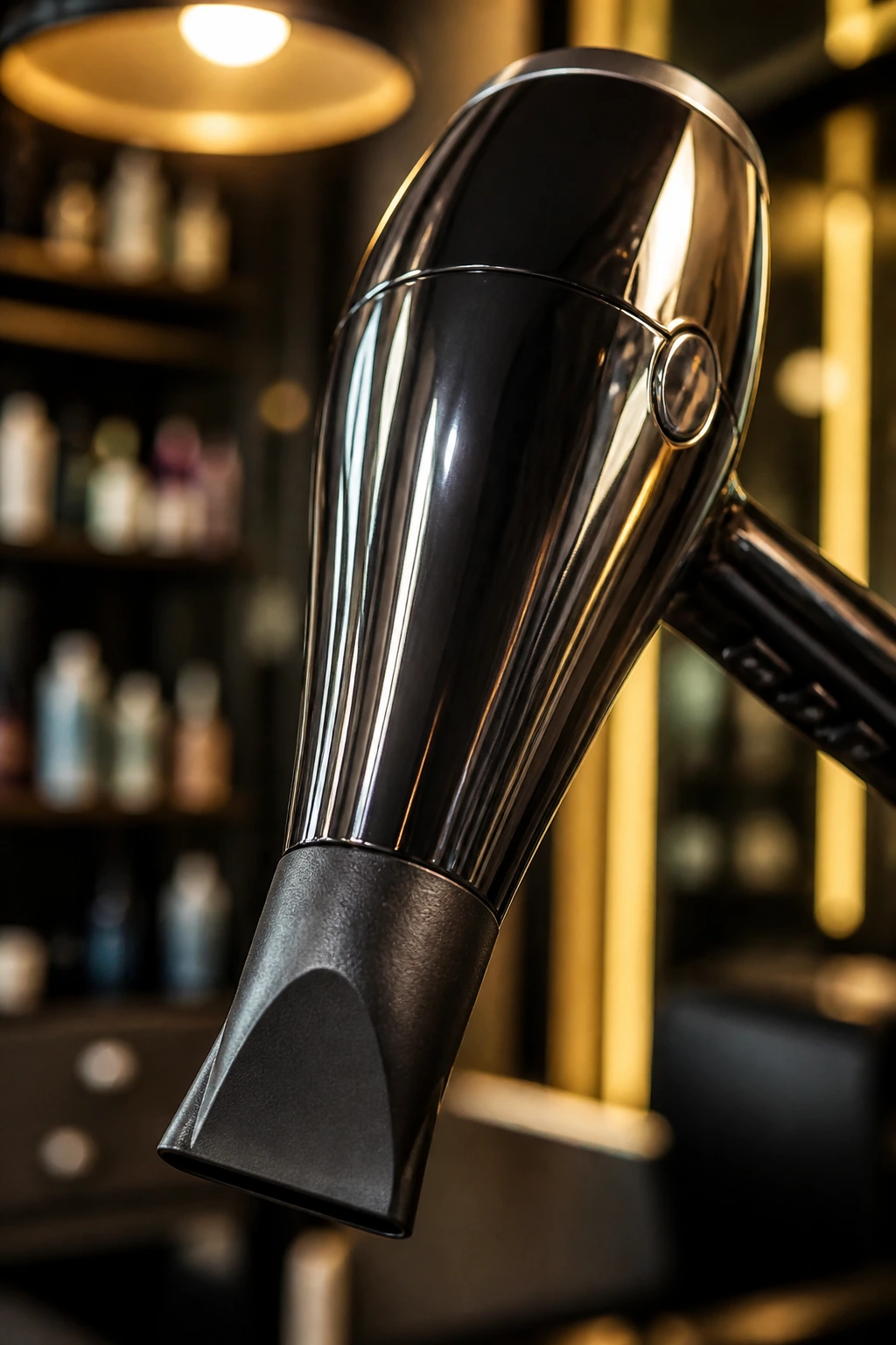Close-up of a professional blow-dryer with nozzle in a salon setting