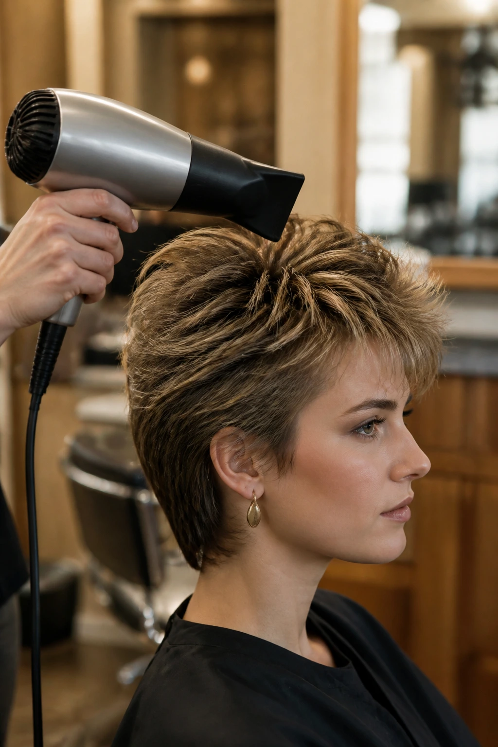 Close-up of a blow dryer nozzle at roots during styling in a real salon.