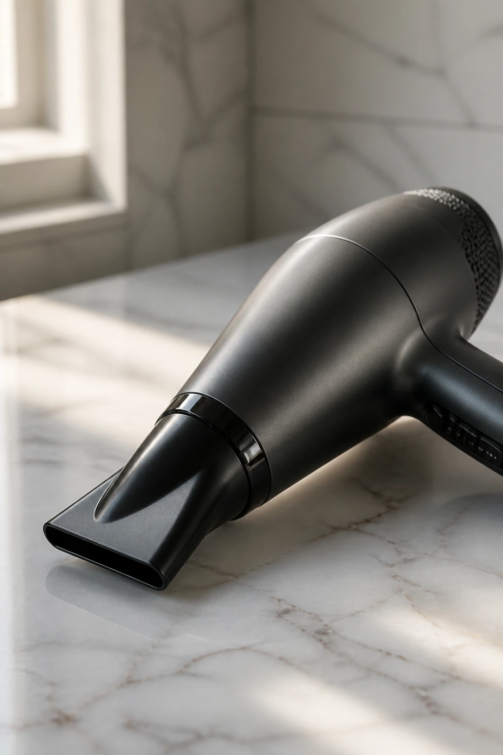 Close-up of a narrow-nozzle blow dryer on a clean bathroom counter