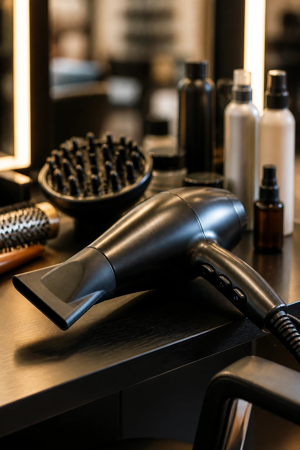 Close-up of a professional blow dryer on a salon station