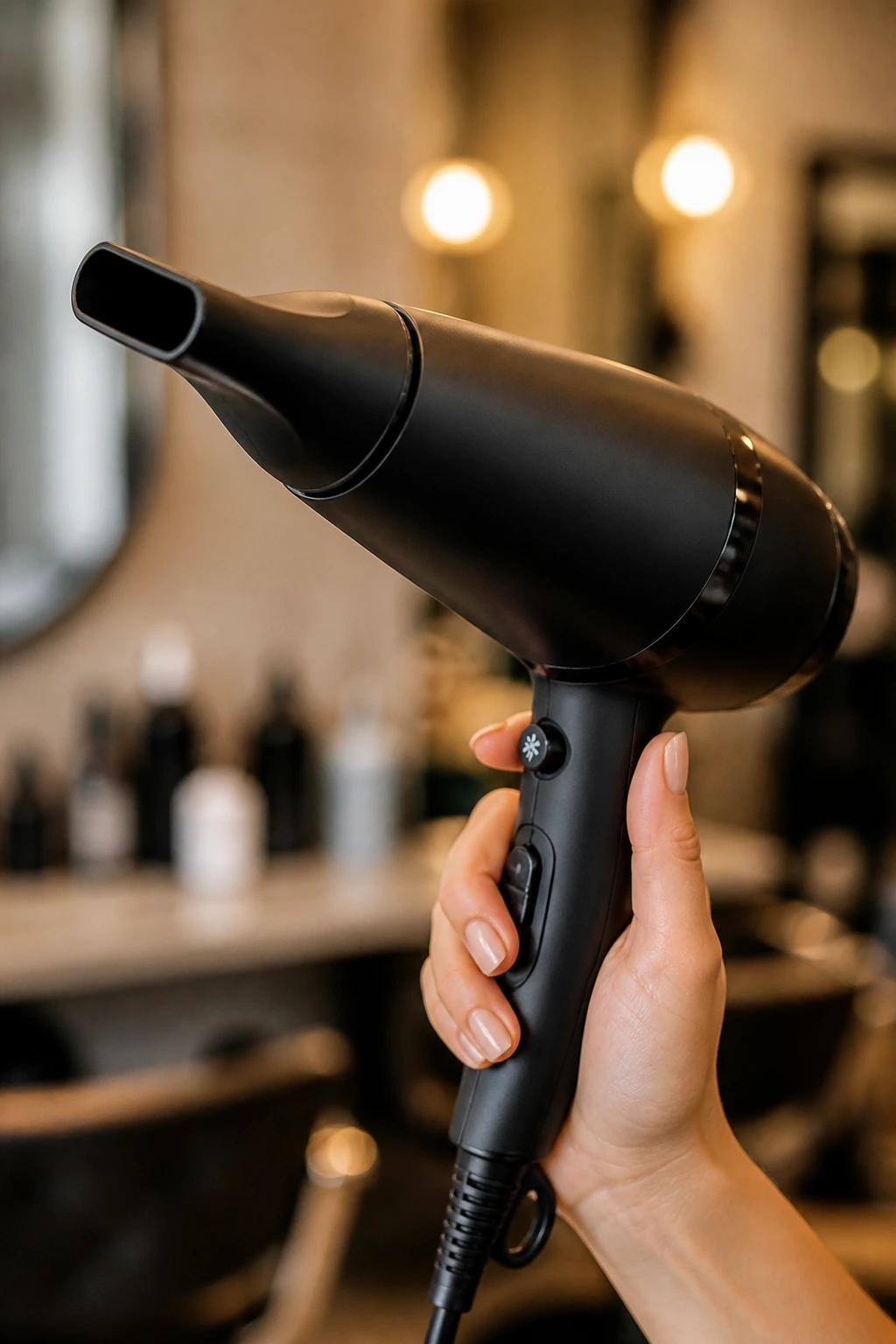 Close-up of a narrow-nozzle blow dryer held in hand in a salon