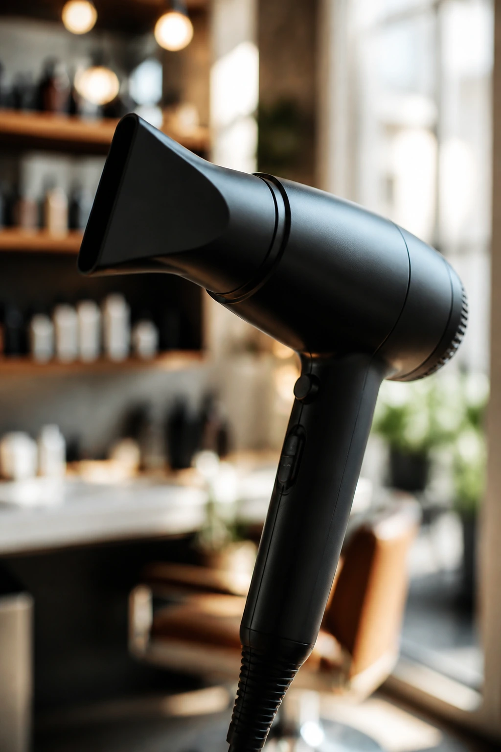 Close-up of a blow dryer with concentrator nozzle dominating the frame in a salon setting