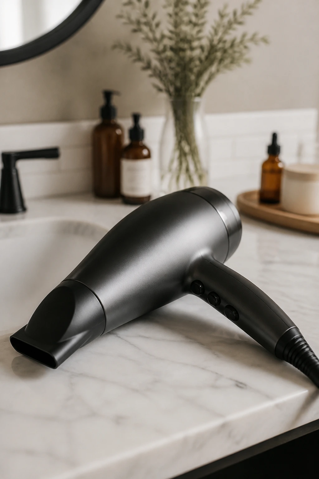 Close-up of a blow dryer with nozzle on a bathroom counter.