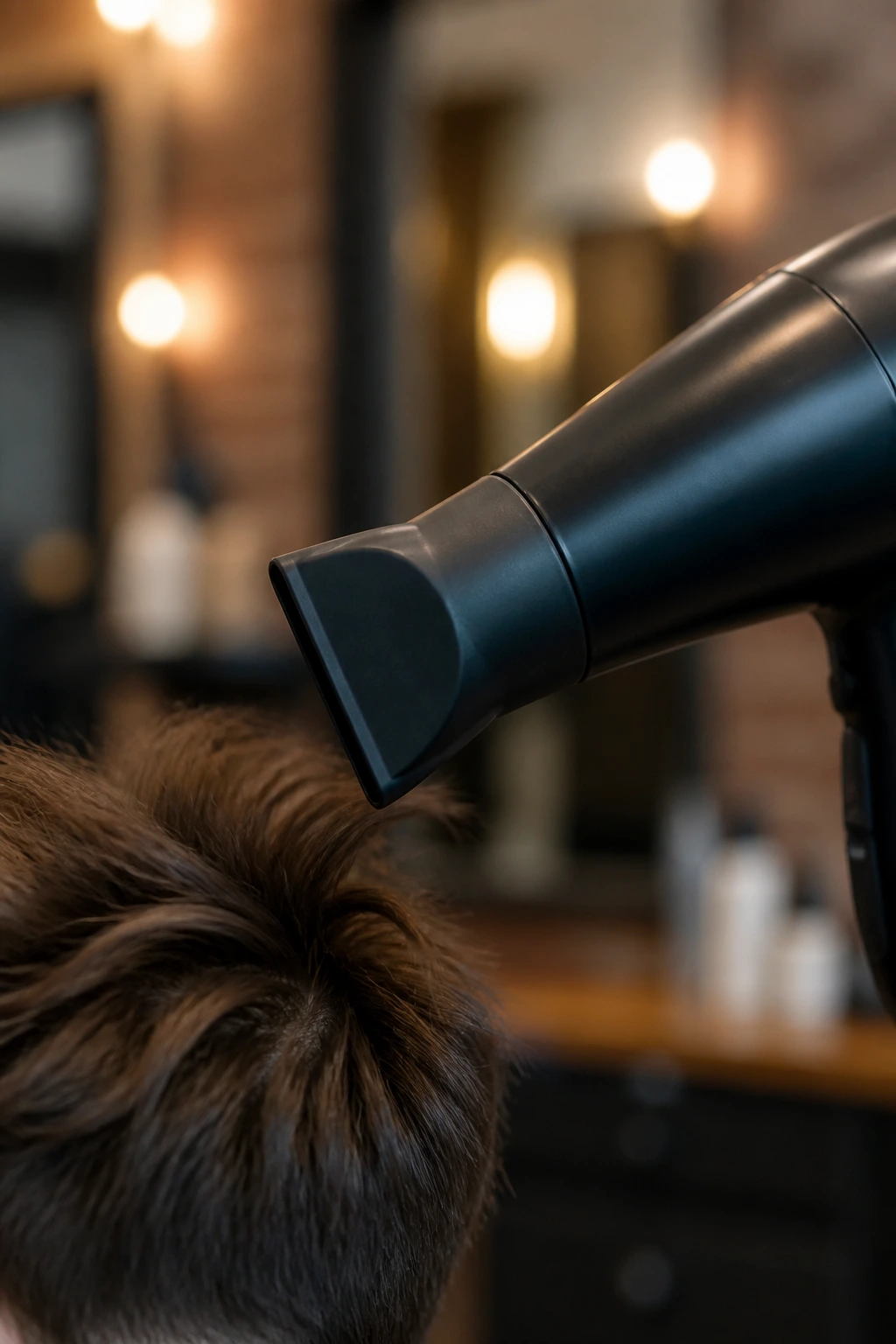 Close-up of a narrow-nozzle blow dryer used to lift roots and keep texture in short hair.
