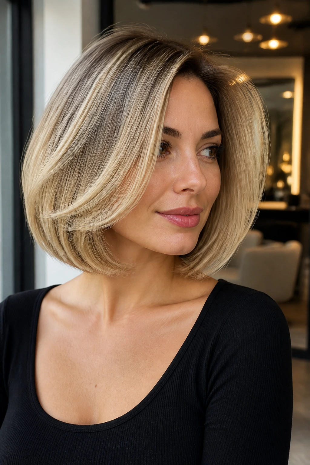 Close-up of a woman with a blown-out bob featuring rounded ends and lifted crown