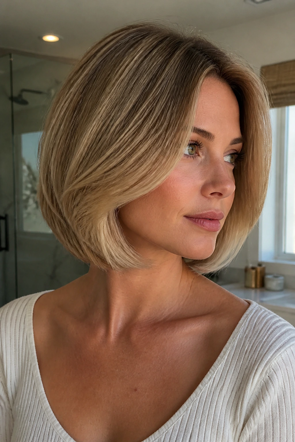 Close-up of a real woman with a blown-out bob and lifted crown.