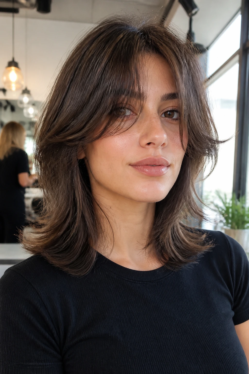 Close-up of a real person with blown-out wolf cut