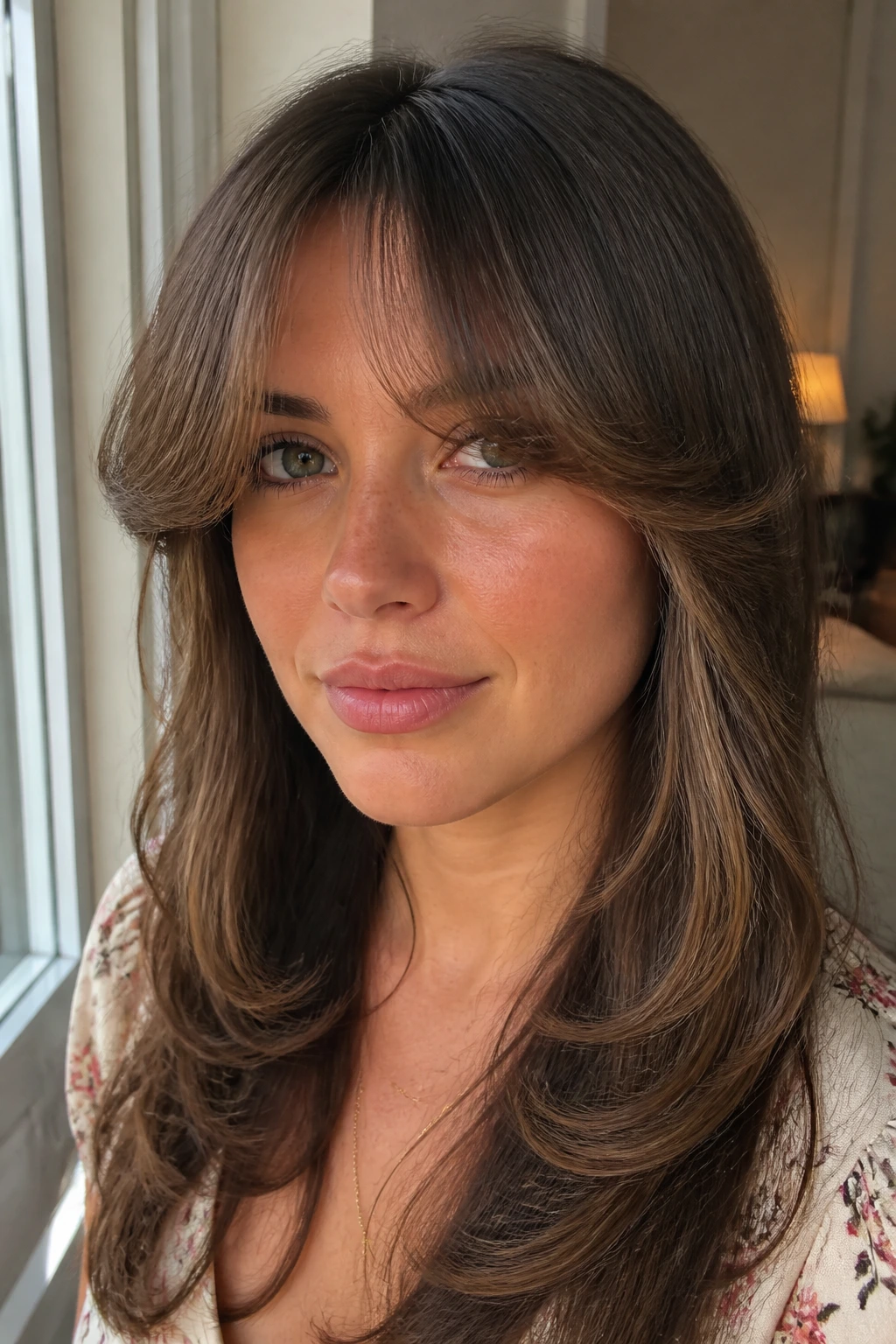 Real woman with glossy blowout bangs curling under the eyes