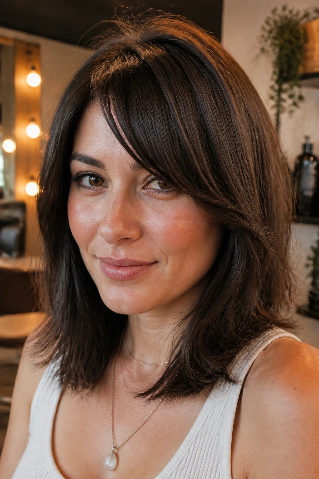 Close-up portrait of a real woman with blowout bend bangs