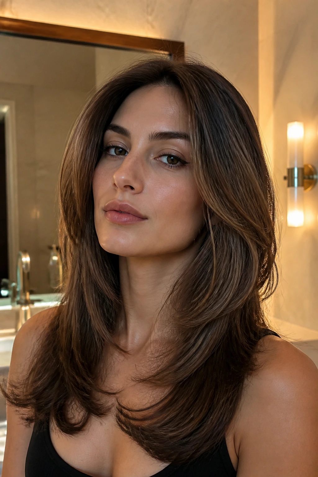 Close-up of a real woman with a polished blowout bend wolf hairstyle