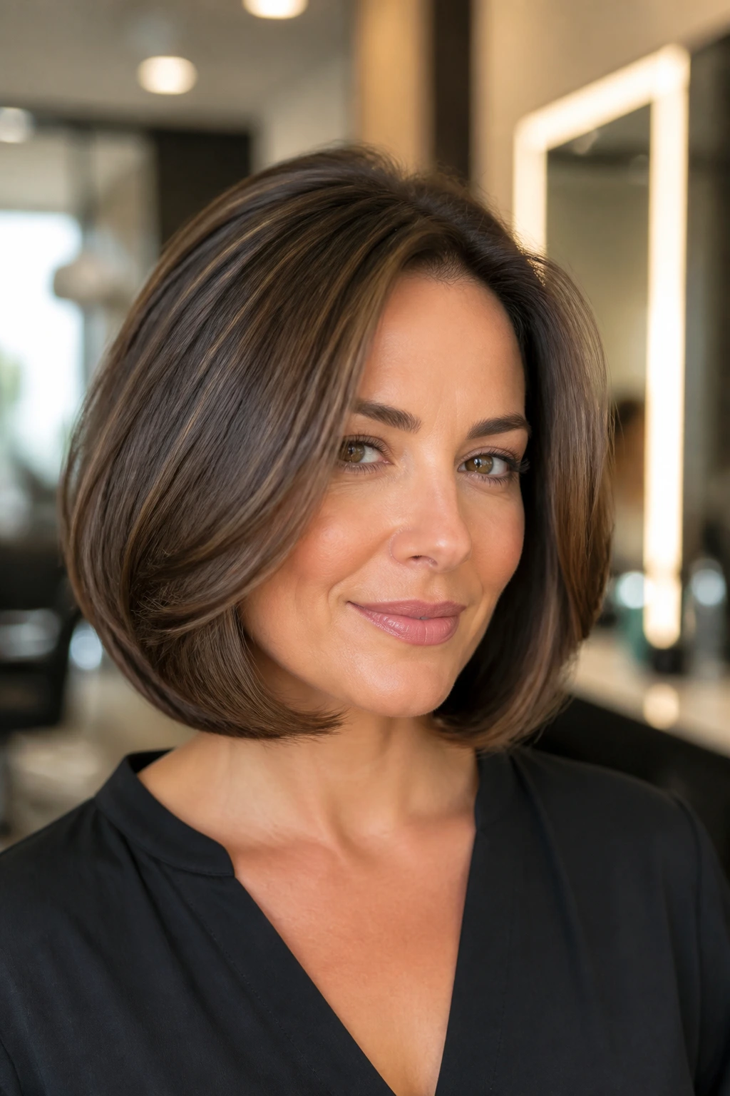 Portrait of a real woman with a polished blowout bob
