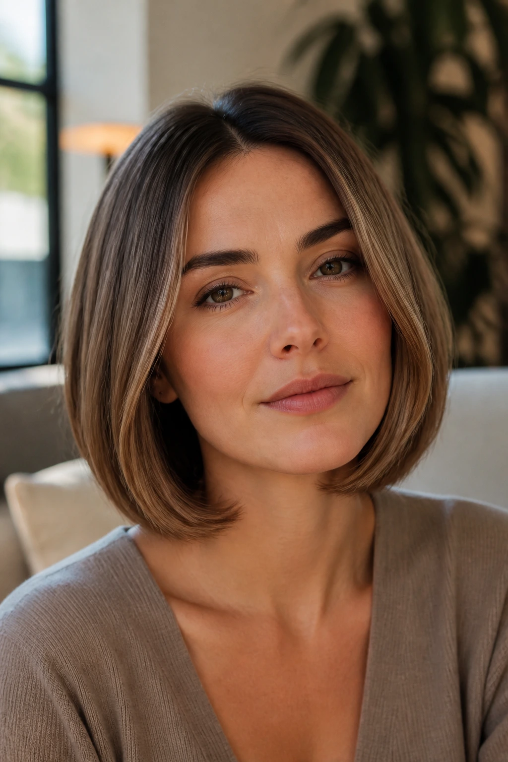 Portrait of a woman with a centered part and blowout bob in a cozy room.