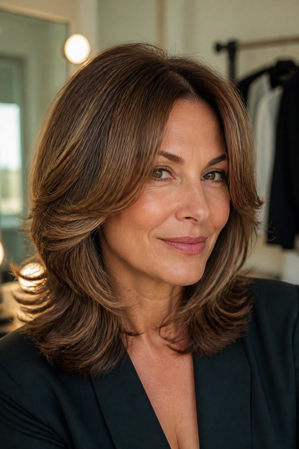 Portrait of woman with blowout brushed shag and polished front swoops.