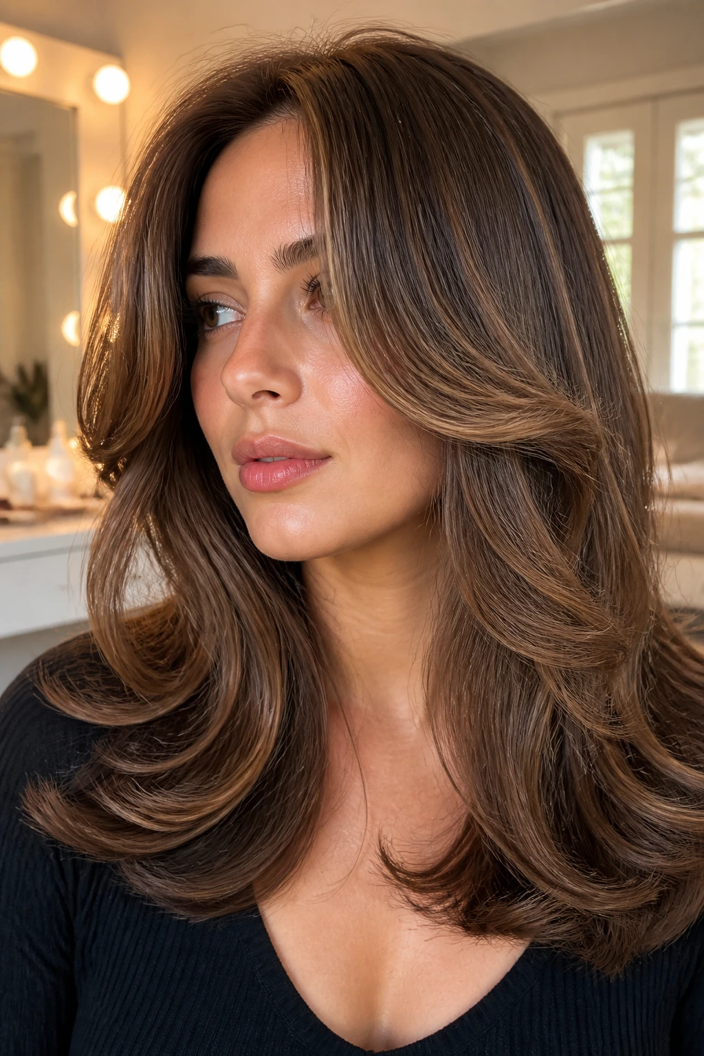 Close-up of a real woman with a big-brush blowout butterfly hairstyle.
