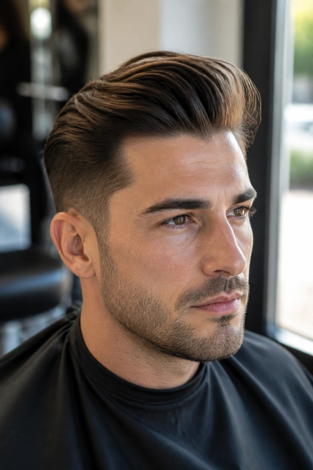 Close-up portrait of a man with a blowout comb over in a sunlit barber shop.