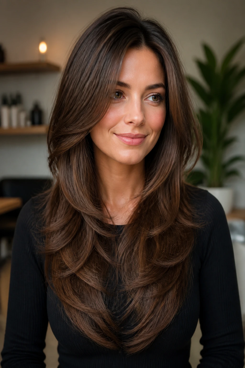 Portrait of a real woman with a glossy blowout V cut and lifted crown.