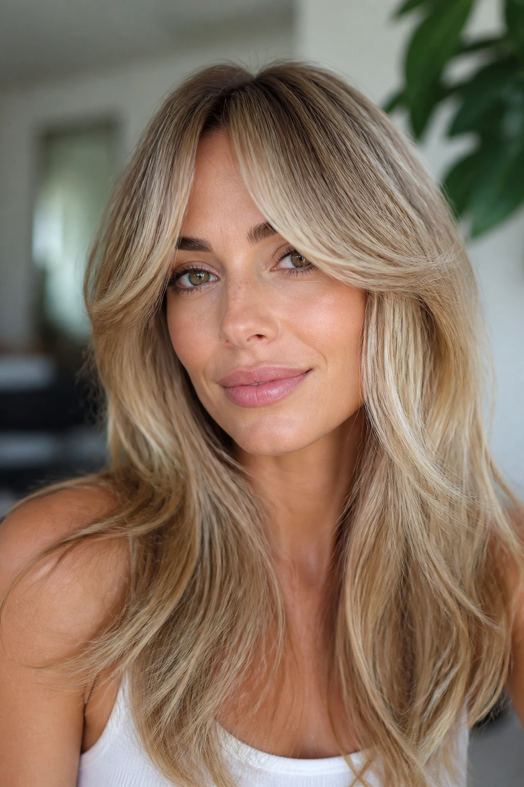 Close-up portrait of a real woman with a glossy blowout curtain fringe in a bright room