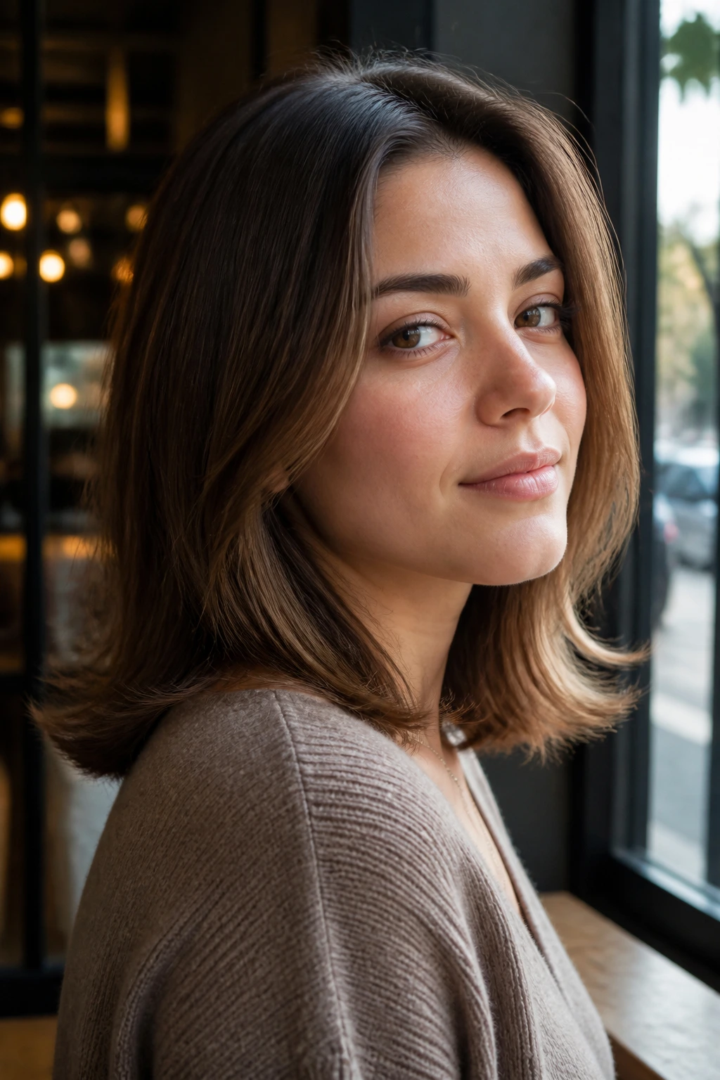 Portrait of a real woman with a blowout flip curve hairstyle.